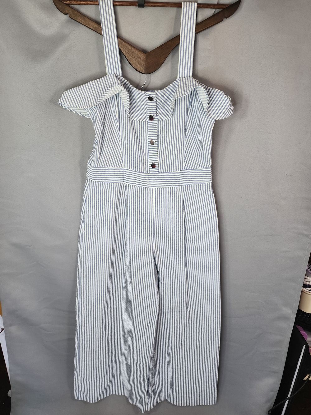 Zara Blue and White Striped Off-Shoulder Jumpsuit